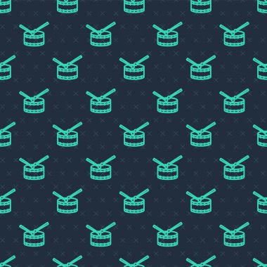 Çubuk simgeli yeşil çizgi Drum mavi arkaplanda izole edilmiş kusursuz desen. Müzik işareti. Müzik aleti sembolü. Vektör