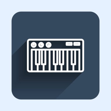 White line Music synthesizer icon isolated with long shadow background. Electronic piano. Blue square button. Vector