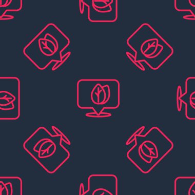 Simgenin içinde yaprak olan kırmızı çizgi konum broşu siyah arkaplanda izole edilmiş pürüzsüz desen. İşaret bırakıyor. Taze doğal ürün sembolü. Vektör