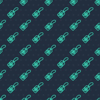 Üzerinde etiket simgesi olan yeşil çizgili tırtıl yaprağı mavi arkaplanda izole edilmiş. Aziz Patrick gününüz kutlu olsun. Ulusal İrlanda bayramı. Vektör