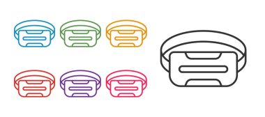 Beyaz arkaplanda sanal gerçeklik gözlüğü simgesi belirle. Stereoskopik 3D VR maskesi. Optik baş monte edildi. Simgeleri renklendirin. Vektör