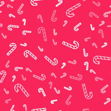 Beyaz çizgi, çizgili Noel şekeri bastonu, kırmızı arka planda izole edilmiş, pürüzsüz desen. Mutlu Noeller ve mutlu yıllar. Vektör