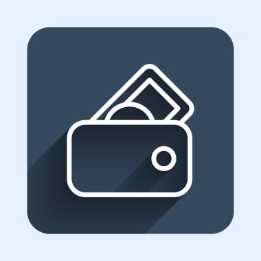 Para simgesiyle izole edilmiş beyaz çizgili cüzdan uzun gölgeli arka plan. Çanta ikonu. Nakit tasarruf sembolü. Mavi kare düğme. Vektör