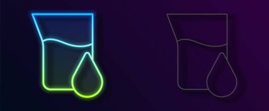 Parlayan neon hattı petrol test tüpü simgesi siyah arkaplanda izole edildi. Komiklik şişesi ve düşen damla. Vektör