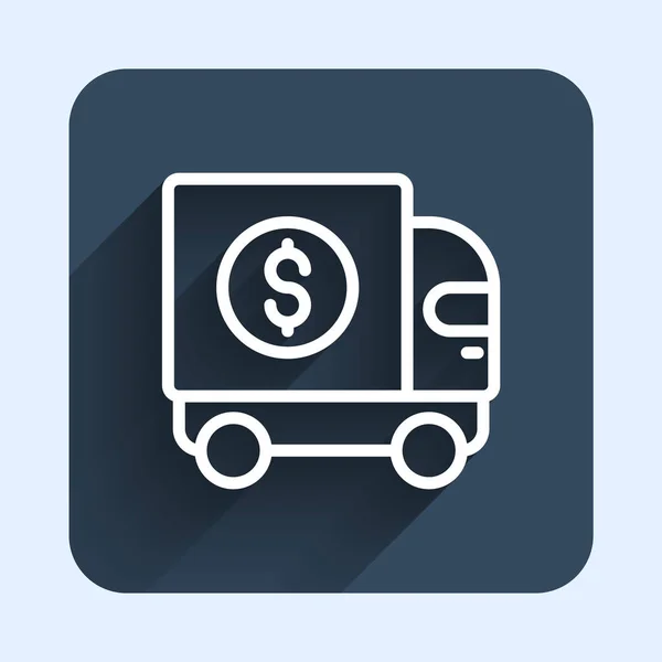 White Line Armored Truck Icon Isolated Long Shadow Background Blue — Archivo Imágenes Vectoriales