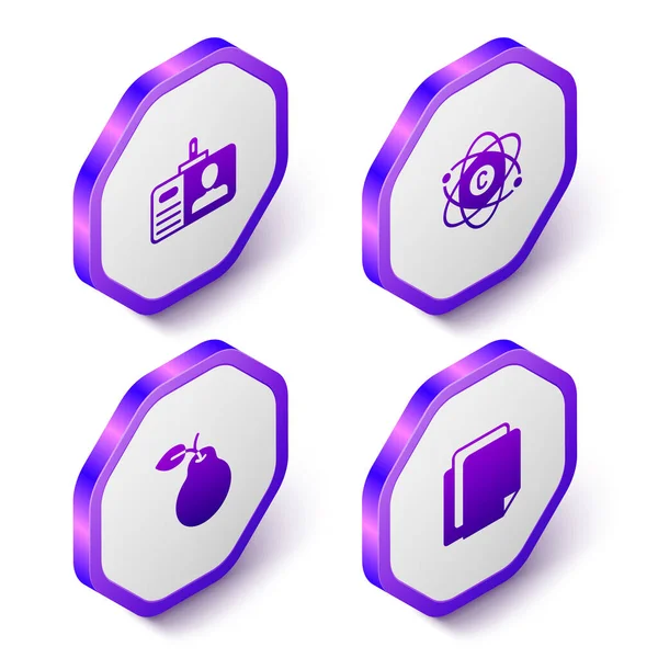 Set Isometric Identification Badge Atom Pear File Document Icon Purple — Stock Vector