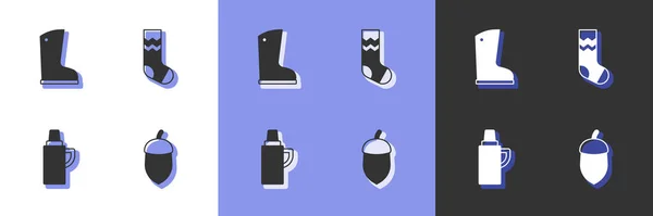 アコーン 防水ゴムブーツ 魔法瓶コンテナと靴下のアイコンを設定します ベクトル — ストックベクタ