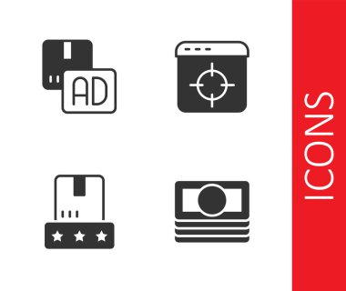 Stacks kağıt para, reklam, tüketici ürün değerlendirmesi ve hedef finansal hedef simgesi belirle. Vektör