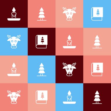 Pop sanat yanan mumları, Noel ağacını, ren geyiğini ve kitap ikonunu ayarla. Vektör