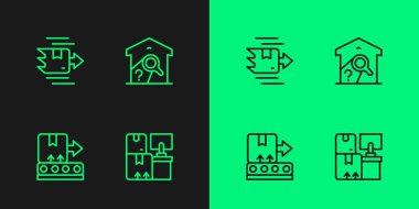 Depo 'yu kutularla, konveyör bantlarıyla, karton kartonla ayarla ve simgeyi işaretle. Vektör