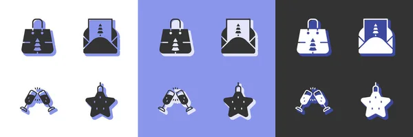 Σετ Χριστουγεννιάτικο Αστέρι Τσάντα Ψώνια Ποτήρι Σαμπάνια Και Εικονίδιο Φάκελος — Διανυσματικό Αρχείο