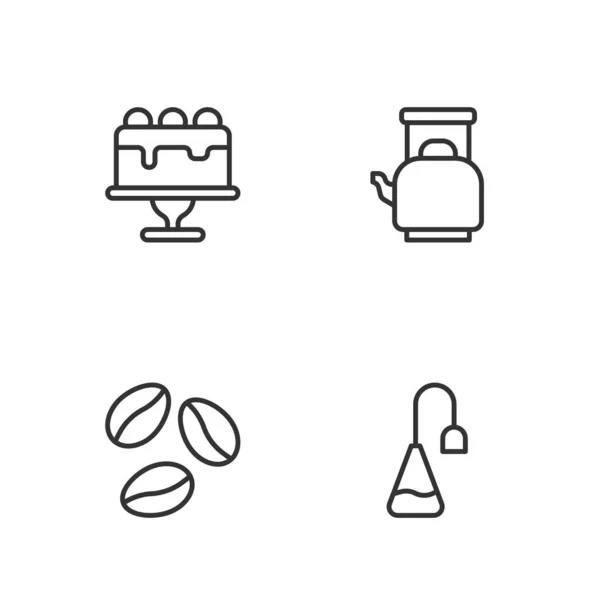 设置系列茶袋 咖啡豆 蛋糕和水壶与手柄图标 — 图库矢量图片