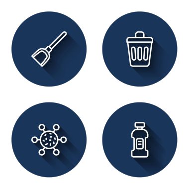 Uzun gölgeli deterjan için faraş, çöp tenekesi, bakteri ve şişe ayarlayın. Mavi daire düğmesi. Vektör