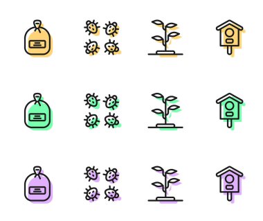 Seri filizlenme, tohum dolu paket, Colorado böceği ve kuş evi ikonu. Vektör