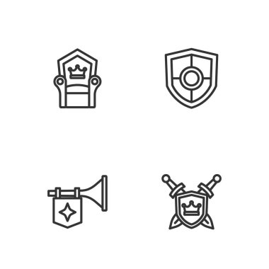 Kılıçlarla, trompet bayrağıyla, ortaçağ tahtıyla ve ikonuyla siper alın. Vektör