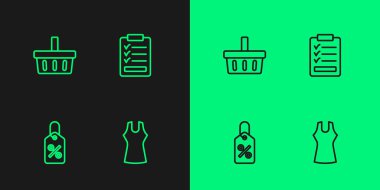 Çizgi Kadın elbisesi, indirimli yüzde etiketi, alışveriş sepeti ve listeli pano simgesi. Vektör