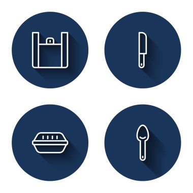 İnternetten yemek, bıçak, beslenme çantası ve uzun gölgeli kaşık siparişi ver. Mavi daire düğmesi. Vektör