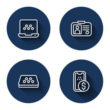 Taksi mobil uygulaması, ehliyet, araba çatısı ve uzun gölgeli mobil bankacılık. Mavi daire düğmesi. Vektör