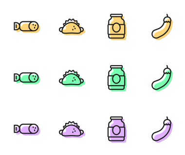 Jam kavanozu, salam sosisi, tortilla ve patlıcan ikonlu taco. Vektör