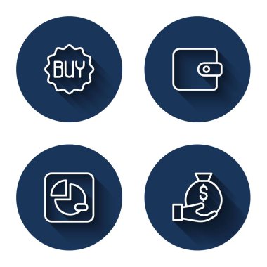 Satın alma düğmesi, cüzdan, pasta grafiği ve uzun gölgeli para çantası ayarla. Mavi daire düğmesi. Vektör