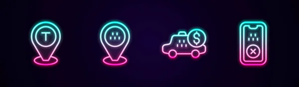 设置线路位置出租汽车 出租车装置和移动应用 发光的霓虹灯图标 — 图库矢量图片