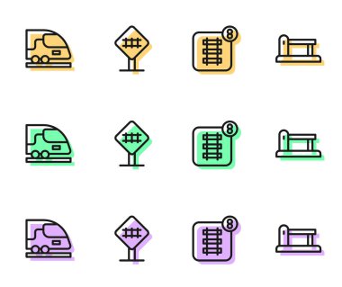 Online bilet rezervasyonu, yüksek hızlı tren, demiryolu geçidi ve demiryolu bariyeri ikonu. Vektör