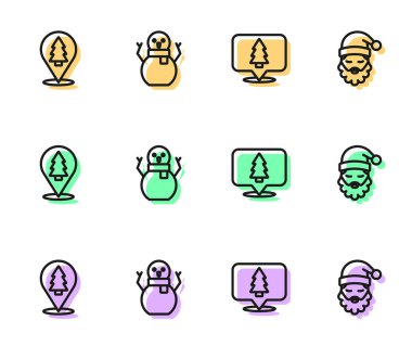 Çizgi Noel ağacı, kardan adam ve Noel Baba şapkası ve sakal ikonu. Vektör