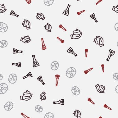 Tırnak cilası şişesi, tıraş köpüğü, yüz estetik maskesi ve kusursuz desenli makyaj fırçası. Vektör