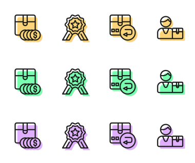 Çizgiyi ayarla Dönüş karton kutusu, dolar ile öge fiyat etiketi, yıldız derecesi ve alıcı simgesi. Vektör