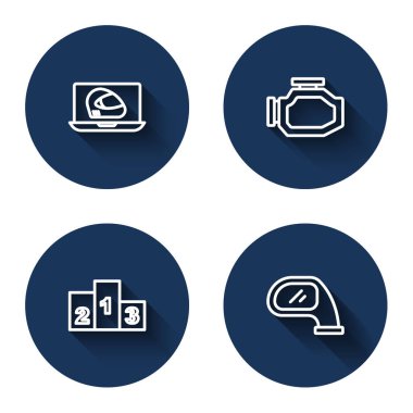 Hat çizgisi yarış kaskı, motor kontrolü, spor şampiyonu podyumu ödülü ve uzun gölgeli araba aynası. Mavi daire düğmesi. Vektör