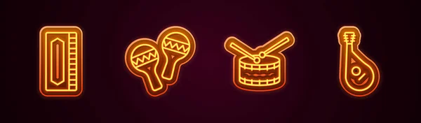 布线口琴 马拉卡 鼓和班杜拉鼓 发光的霓虹灯图标 — 图库矢量图片