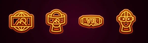 Nastavit Linii Širokoúhlý Obrázek Virtuální Realita Brýle Zářící Neonová Ikona — Stockový vektor