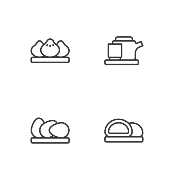 设置直线寿司 饺子和传统茶道图标 — 图库矢量图片