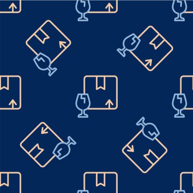 Kırık cam ikonun kırılgan içerik sembolü içeren çizgi teslimat kutusu mavi arkaplanda izole edilmiş kusursuz desen. Kutu, paket, paket işareti. Vektör