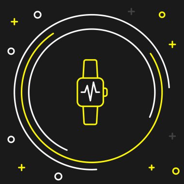 Line Smart saati siyah arkaplanda kalp atışı simgesini gösteriyor. Fitness uygulaması konsepti. Renkli taslak konsepti. Vektör