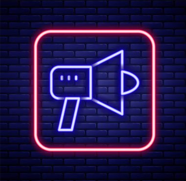 Parlayan neon hattı megafon ikonu tuğla duvar arka planında izole edildi. Sözcü işareti. Renkli taslak konsepti. Vektör
