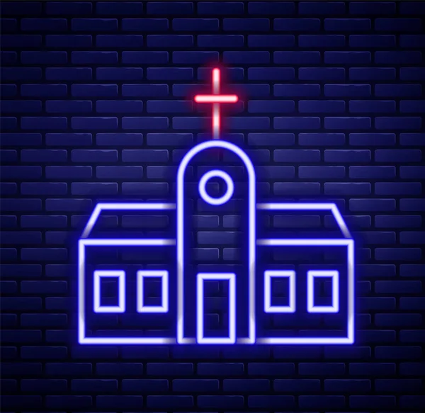 レンガの壁の背景に隔離されたネオンライン教会の建物のアイコンを光る キリスト教会 教会の宗教 カラフルなアウトラインコンセプト ベクトル — ストックベクタ