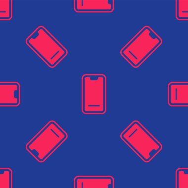 Mobil ikona kırmızı yemek siparişi vermek mavi arka planda izole edilmiş pürüzsüz desen. Cep telefonuyla sipariş verin. Restoran yemek teslimatı konsepti. Vektör