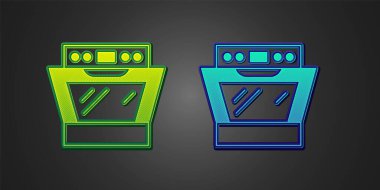 Green and blue Oven icon isolated on black background. Stove gas oven sign.  Vector