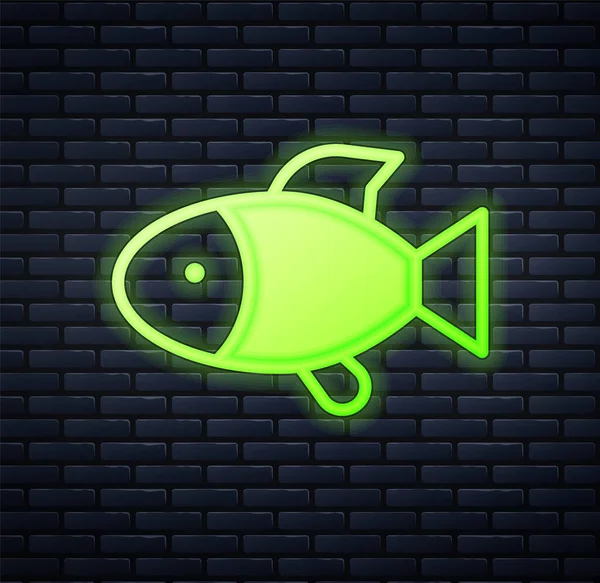 Leuchtende Neon Fisch Symbol Isoliert Auf Backsteinwand Hintergrund Vektor — Stockvektor