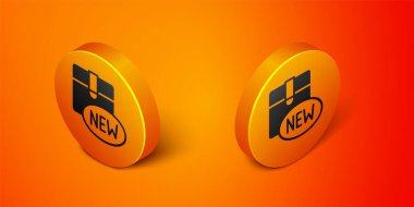 Turuncu arkaplanda izole edilmiş Isometric Yeni koleksiyon simgesi. Turuncu daire düğmesi. Vektör