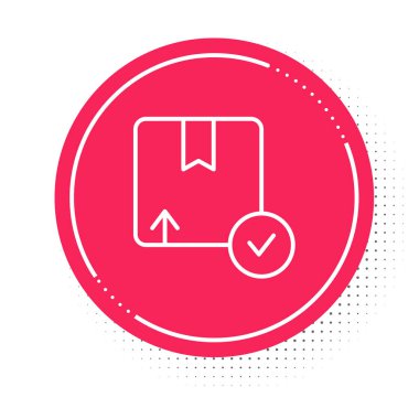 Beyaz çizgi karton kutu simgesi beyaz arkaplanda izole edildi. Kutu, paket, paket işareti. Teslimat ve ambalaj. Kırmızı daire düğmesi. Vektör