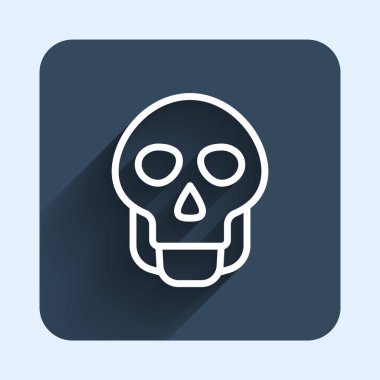 Beyaz çizgi Kurukafa simgesi uzun gölge arkaplanı ile izole edildi. Mutlu Cadılar Bayramı Partisi. Mavi kare düğme. Vektör