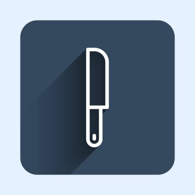 Beyaz çizgi bıçak ikonu uzun gölge arkaplan izole. Çatal bıçak sembolü. Mavi kare düğme. Vektör