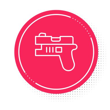 Beyaz çizgi Futuristik Uzay Silahı İmha Simgesi beyaz arka planda izole edildi. Lazer tabancası. Uzaylı silahı. Kırmızı daire düğmesi. Vektör