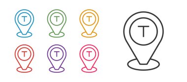 Beyaz arkaplanda izole edilmiş taksi arabası simgesi olan çizgi haritası işaretleyicisini ayarla. Konum sembolü. Simgeleri renklendirin. Vektör