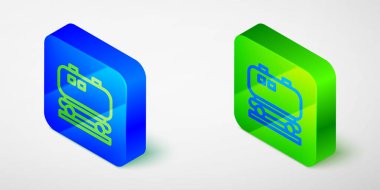 Isometric hattı Petrol Demiryolu Sarnıç simgesi gri arkaplanda izole. Tren vagonundaki petrol tankı. Demiryolu nakliyesi. Petrol endüstrisi. Mavi ve yeşil kare düğme. Vektör