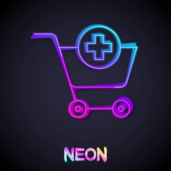 Glowing Neon Line Add Shopping Cart Icon Isolated Black Background — Stock Vector