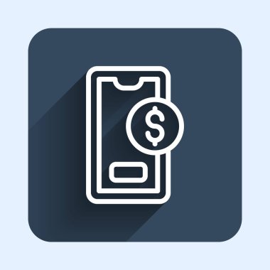 White line Smartphone with dollar symbol icon isolated with long shadow background. Online shopping concept. Financial mobile phone icon. Online payment. Blue square button. Vector.