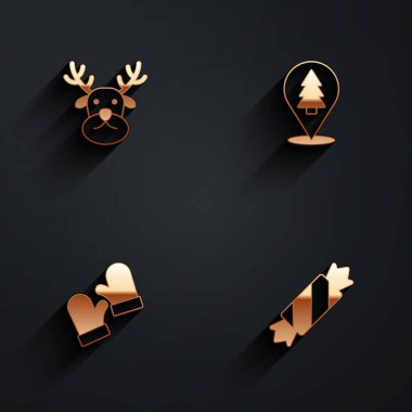 Ren geyiği Noel ağacı eldivenlerini ve Şeker ikonunu uzun gölgeli yap. Vektör.